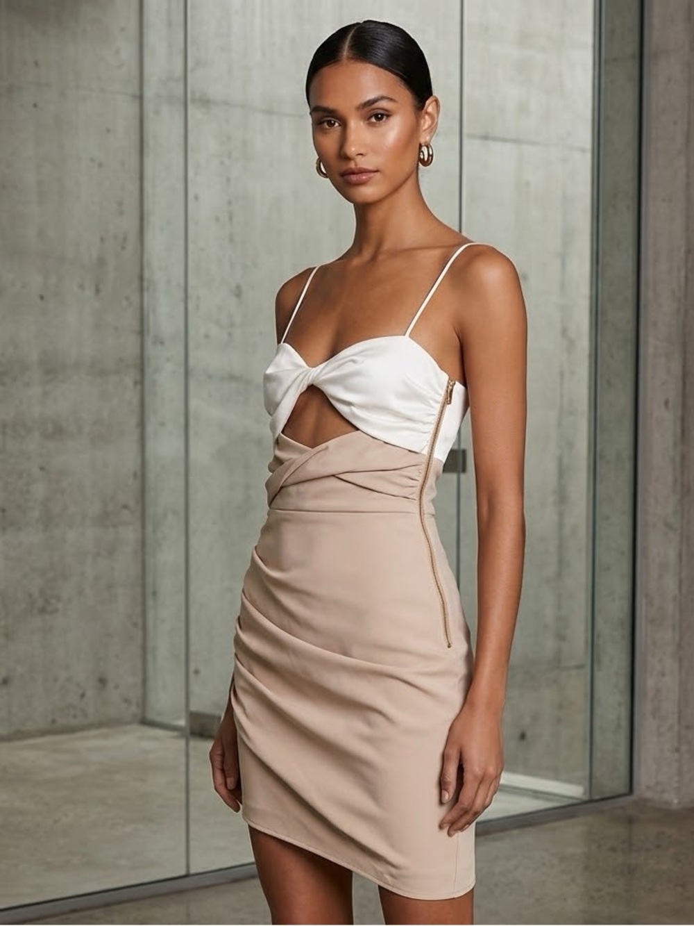 The Bar Bo Dress Mini Women 00 Tan Cream Twisted Ruched Asymmetrical Cocktail